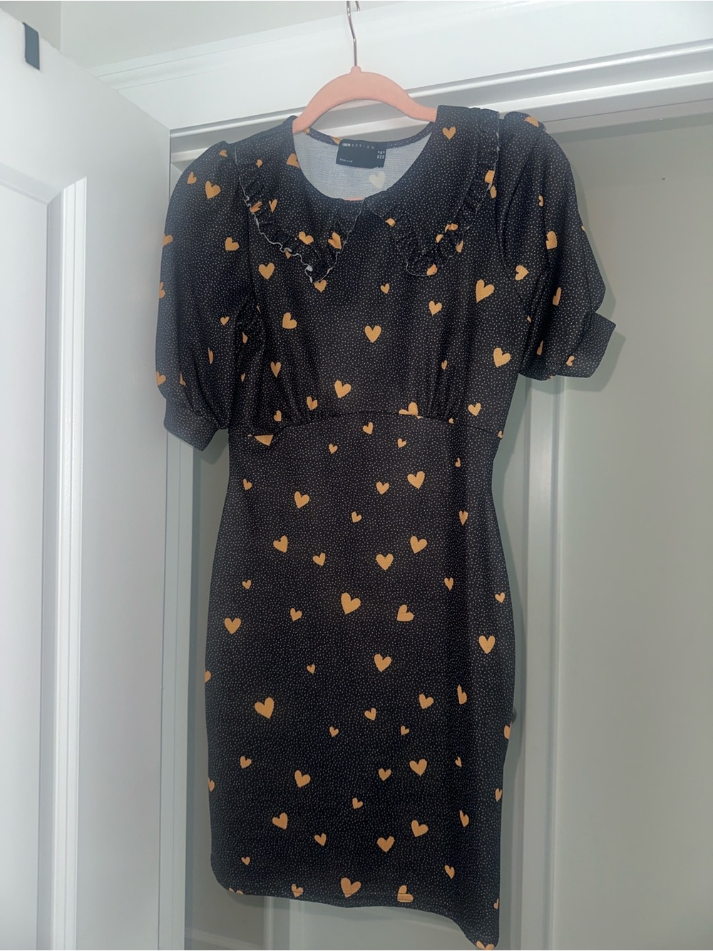 Black Heart-Print Puff Sleeve Mini Dress